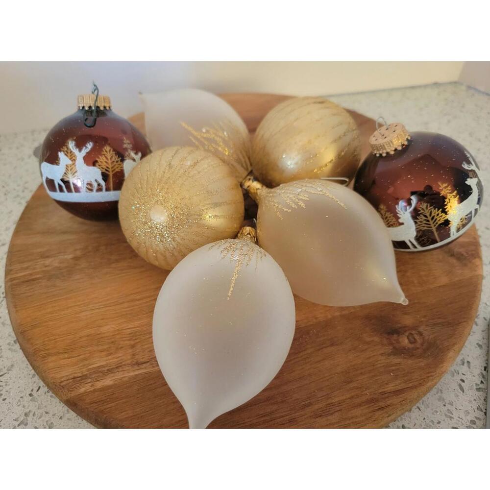 7 Vintage Glass Christmas Tree Ornaments Round Teardrop Brown Deer Glitter